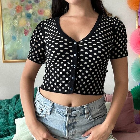 Black & White Polka Dot Shortsleeved Cardigan Top - Picture 3 of 4